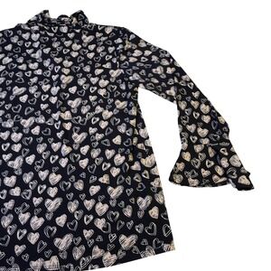 Susan Graver Black Heart Print Mock Neck Bell Sleeve Tunic Top M Stretch comfort
